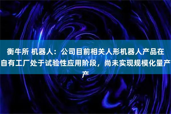 衡牛所 机器人：公司目前相关人形机器人产品在自有工厂处于试验性应用阶段，尚未实现规模化量产